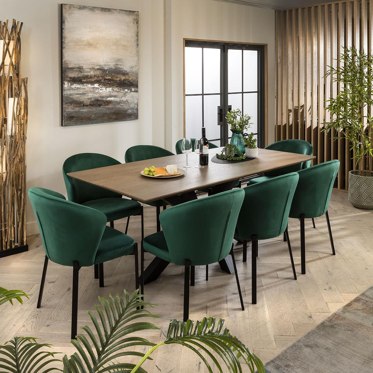 Zoe Solid Stained 8 Seat Wooden Dining Table And Chairs Set Green