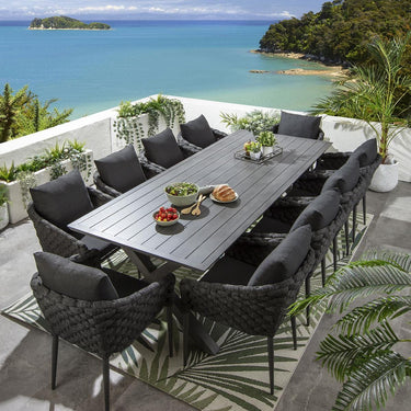 Quatropi 10 Seat Garden Table and Chairs Dining Set Grey Wood Effect Aluminium