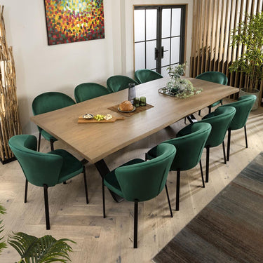 Quatropi 10 Seat Live Edge Stained Solid Wooden Dining Table & Chairs Set Green