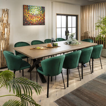 Quatropi 10 Seat Live Edge Stained Solid Wooden Dining Table & Chairs Set Green
