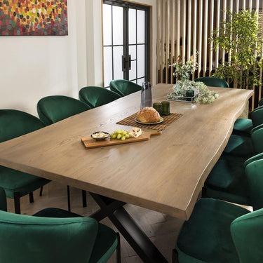 Quatropi 10 Seat Live Edge Stained Solid Wooden Dining Table & Chairs Set Green