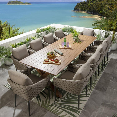 Quatropi 10 Seater Garden Table and Chairs Dining Set Oak Wood Effect Aluminium
