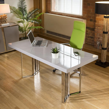 Quatropi 2 Desk arrangement in a grey gloss and stainless finish with chest of drawers