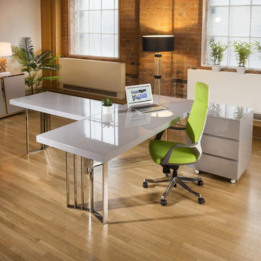 Quatropi 2 Desk arrangement with chest of drawers in a grey gloss and stainless finish