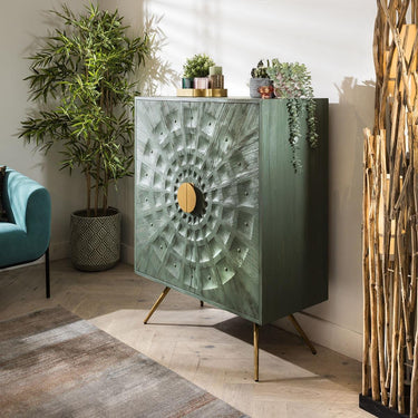 Quatropi 2 Door Sideboard Cabinet Accent Chest Ornate Cricle Wood Green Gold 95cm