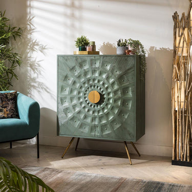 Quatropi 2 Door Sideboard Cabinet Accent Chest Ornate Cricle Wood Green Gold 95cm