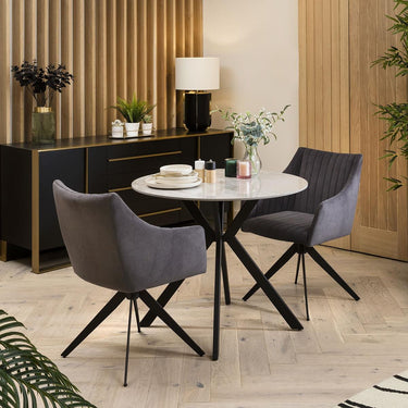 Quatropi 2 Seater Grey Ceramic Round Dining Table And Carver Dining Chairs With Arms