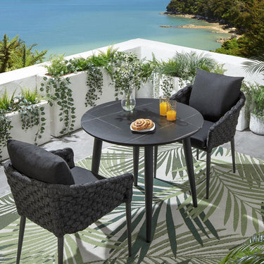 Quatropi 2 Seater Round Ceramic Garden Table and Chairs Dining Set Grey Black