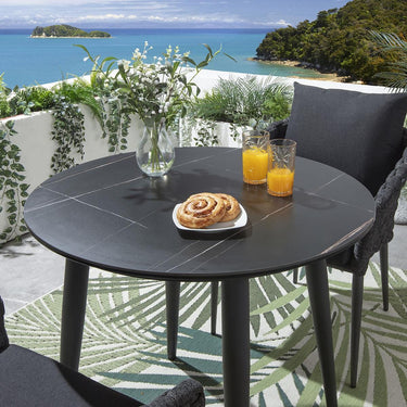 Quatropi 2 Seater Round Ceramic Garden Table and Chairs Dining Set Grey Black