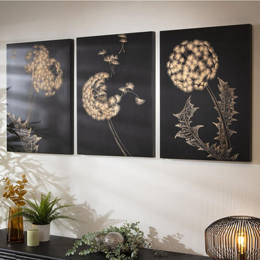 Quatropi 3-Piece Hand-Carved Dandelion Wall Artwork Set Black Wood 150x70cm