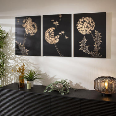Quatropi 3-Piece Hand-Carved Dandelion Wall Artwork Set Black Wood 150x70cm