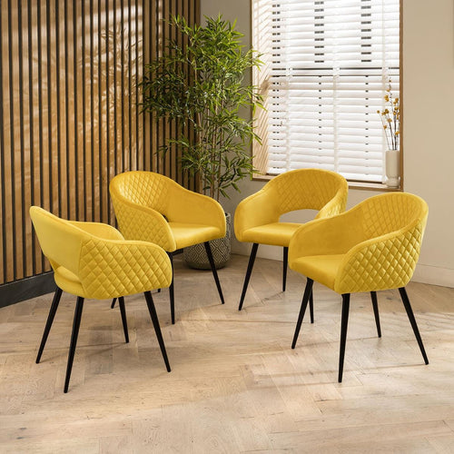 4 Lucy Velvet Carver Dining Chairs Yellow