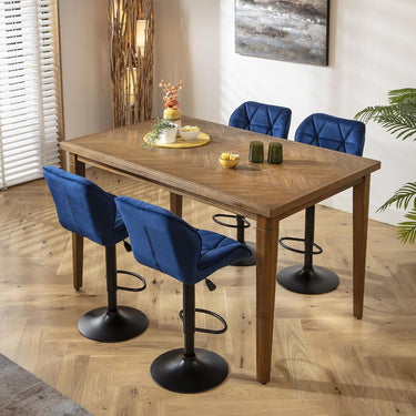 Quatropi 4 Seat Counter Bar Table and Stools Set Solid Wood Modern Blue Velvet