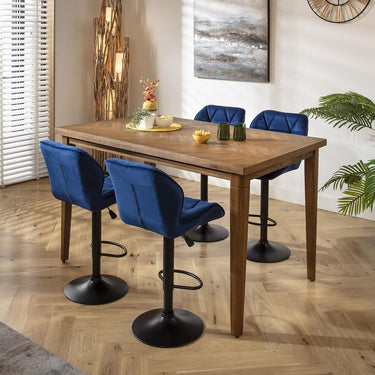 Quatropi 4 Seat Counter Bar Table and Stools Set Solid Wood Modern Blue Velvet