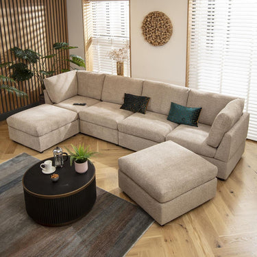 Quatropi 4 Seat U Shaped Corner Sofa Long Chaise Footstool Modular Beige Boucle