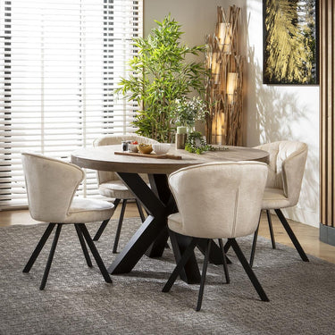 Quatropi 4 Seat Wooden Round Dining Set Reclaimed Oak Dining Table and Chairs Cream