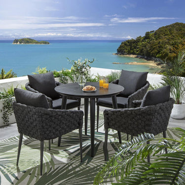Quatropi 4 Seater Round Ceramic Garden Table and Chairs Dining Set Grey Black