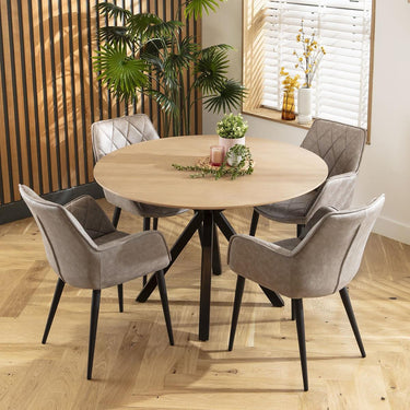 Quatropi 4 Seater Round Dining Table and Chairs Set Grey Solid Natural Wood