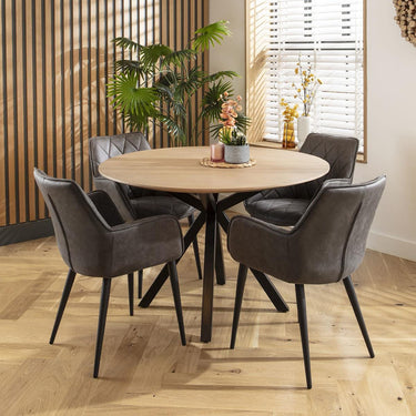 Quatropi 4 Seater Round Dining Table and Chairs Set Grey Solid Natural Wood
