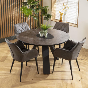 Quatropi 4 Seater Round Modern Dining Table and Chairs Set Dark Grey Black