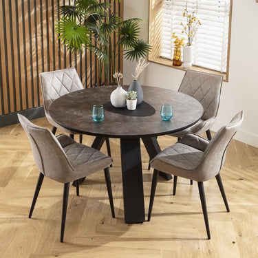 Quatropi 4 Seater Round Modern Dining Table and Chairs Set Light Grey Black