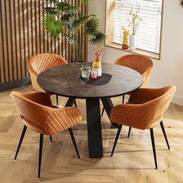 Quatropi 4 Seater Round Modern Dining Table and Chairs Set Orange Velvet Black