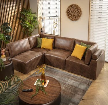 Quatropi 4 Seater Small Modular L Shape Corner Sofa Sectional Couch Brown
