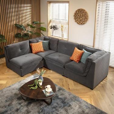 Quatropi 4 Seater Small Modular L Shape Corner Sofa Sectional Couch Grey Velvet