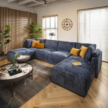 Quatropi 4 Seater U Shaped Corner Sofa Long Chaise Footstool Modular Blue