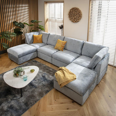 Quatropi 4 Seater U Shaped Corner Sofa Long Chaise Footstool Modular Blue