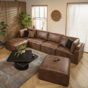 Quatropi 4 Seater U Shaped Corner Sofa Long Chaise Footstool Modular Brown
