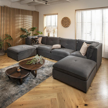 Quatropi 4 Seater U Shaped Corner Sofa Long Chaise Footstool Modular Grey Velvet