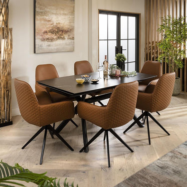Quatropi 6 Chair Modern Dining Set Extending Ceramic Marble Black Tan Leather