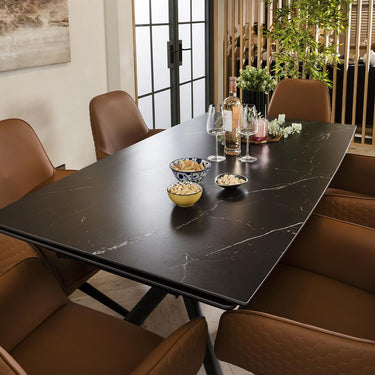 Quatropi 6 Chair Modern Dining Set Extending Ceramic Marble Black Tan Leather