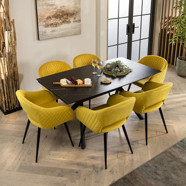 Quatropi 6 Chair Modern Dining Set Extending Ceramic Marble Black Yellow Velvet