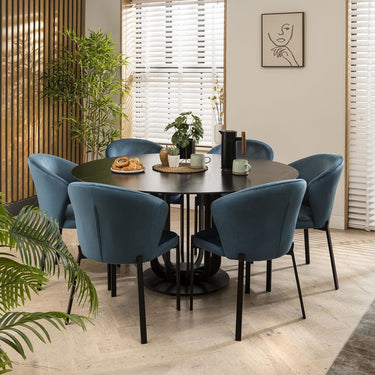 Quatropi 6 Seat Ceramic Marble Round Dining Table Chairs Set Black Blue 150cm