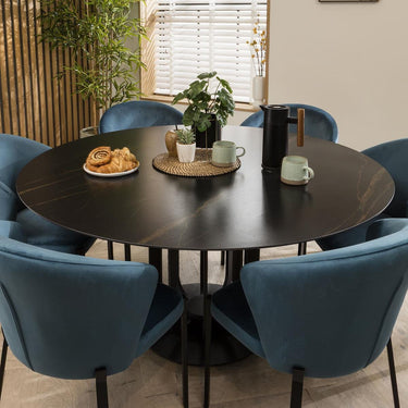 Quatropi 6 Seat Ceramic Marble Round Dining Table Chairs Set Black Blue 150cm