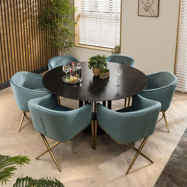 Quatropi 6 Seat Ceramic Marble Round Dining Table Chairs Set Black Green 150cm