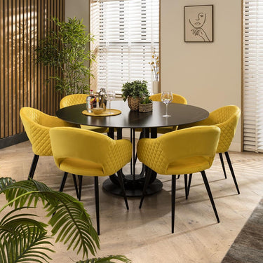 Quatropi 6 Seat Ceramic Marble Round Dining Table Chairs Set Black Yellow 150cm