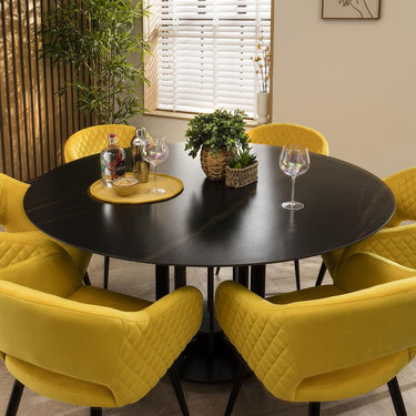 Quatropi 6 Seat Ceramic Marble Round Dining Table Chairs Set Black Yellow 150cm