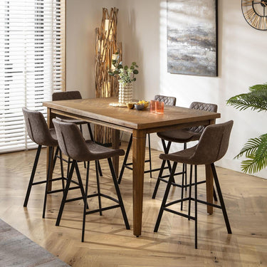 Quatropi 6 Seat Counter Bar Table and Stools Set Solid Wood Brown Faux Leather