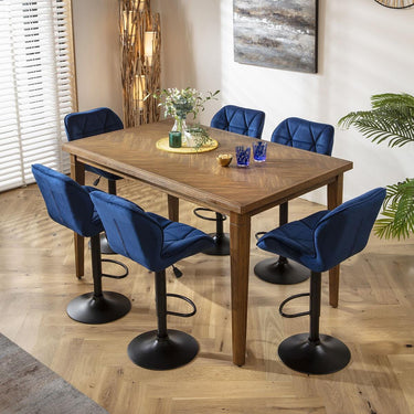 Quatropi 6 Seat Counter Bar Table and Stools Set Solid Wood Modern Blue Velvet