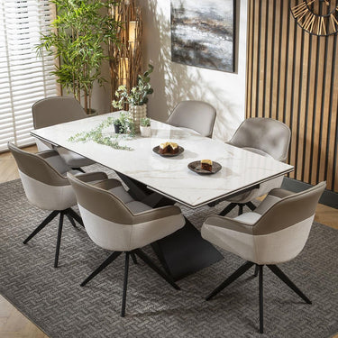 Quatropi 6 Seat Extendable Dining Set Ceramic Dining Table and Chairs White Gold