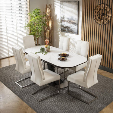 Quatropi 6 Seat Extendable Dining Set Ceramic Dining Table and Chairs White Leather