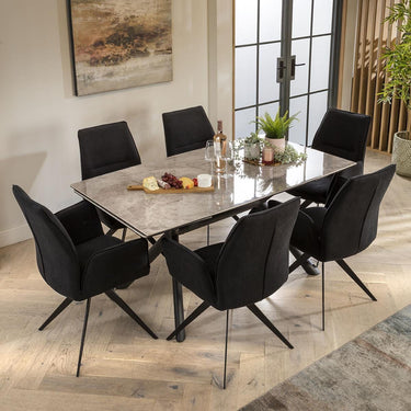 Quatropi 6 Seat Extending Ceramic Marble Dining Set Grey Black Velvet 160-240cm