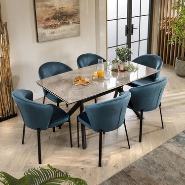 Quatropi 6 Seat Extending Ceramic Marble Dining Set Grey Blue Velvet 160-240cm