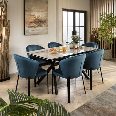 Quatropi 6 Seat Extending Ceramic Marble Dining Set Grey Blue Velvet 160-240cm