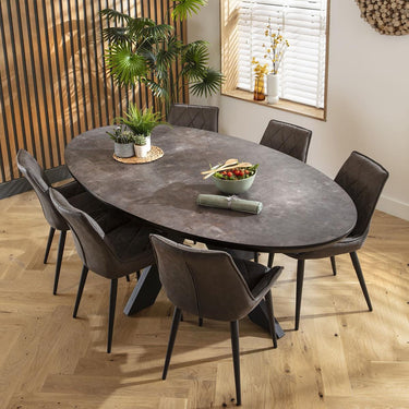 Quatropi 6 Seat Modern Oval Dining Table and Chairs Dining Set Dark Grey Black