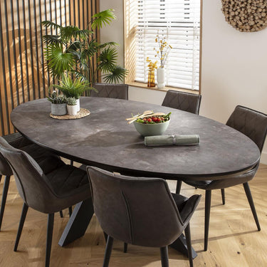 Quatropi 6 Seat Modern Oval Dining Table and Chairs Dining Set Dark Grey Black
