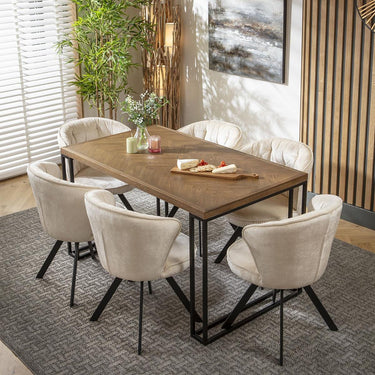 Quatropi 6 Seat Solid Wood Dining Set Herringbone Dining Table and Chairs Cream